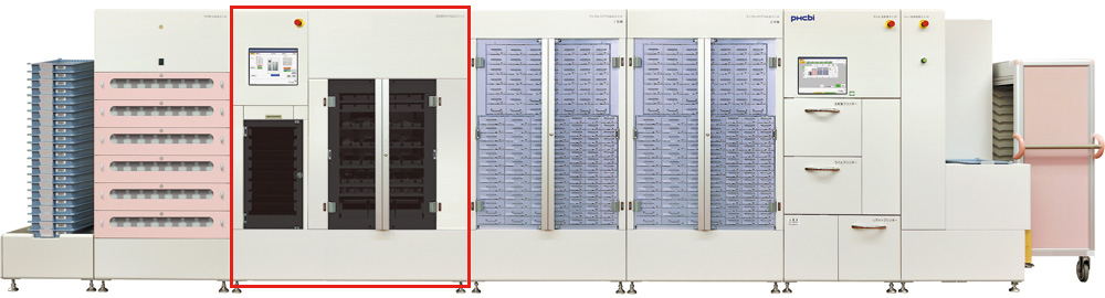 Ampoule dispenser system (sorting dispenser unit of returned injections outlined in red)
