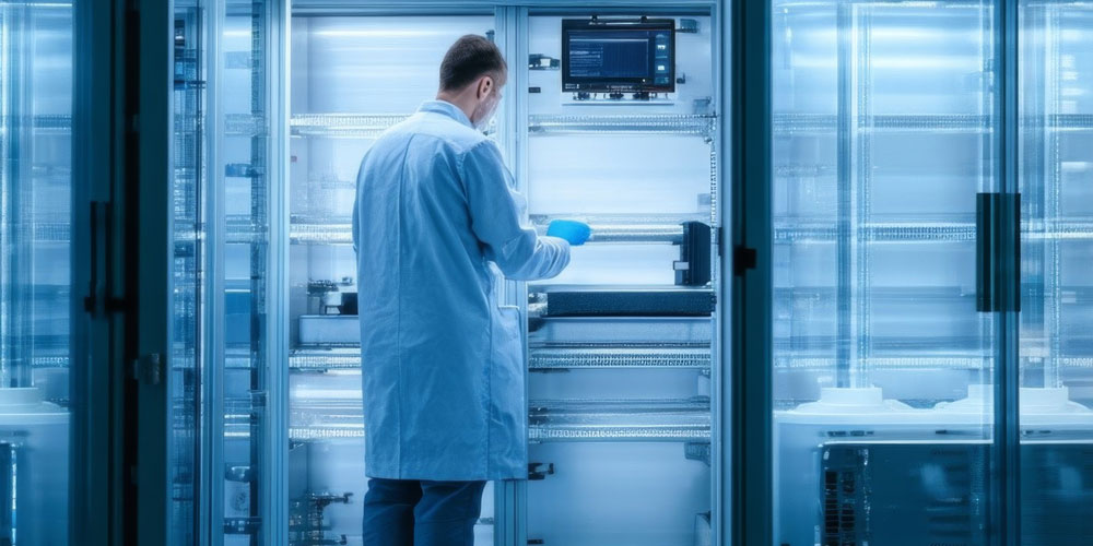 A lab technician looking inside a cryogenic freezer.
