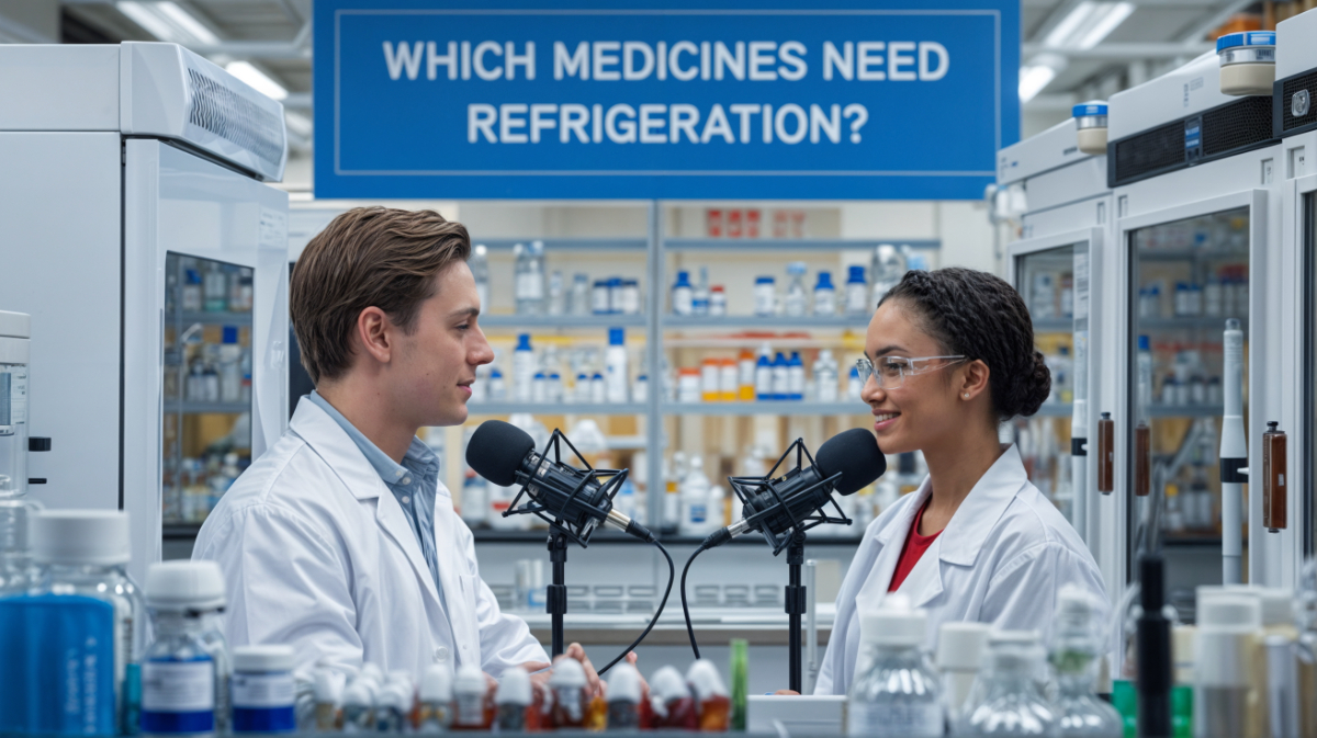 Two lab technicians discuss which kinds of medicines require refrigerated storage.