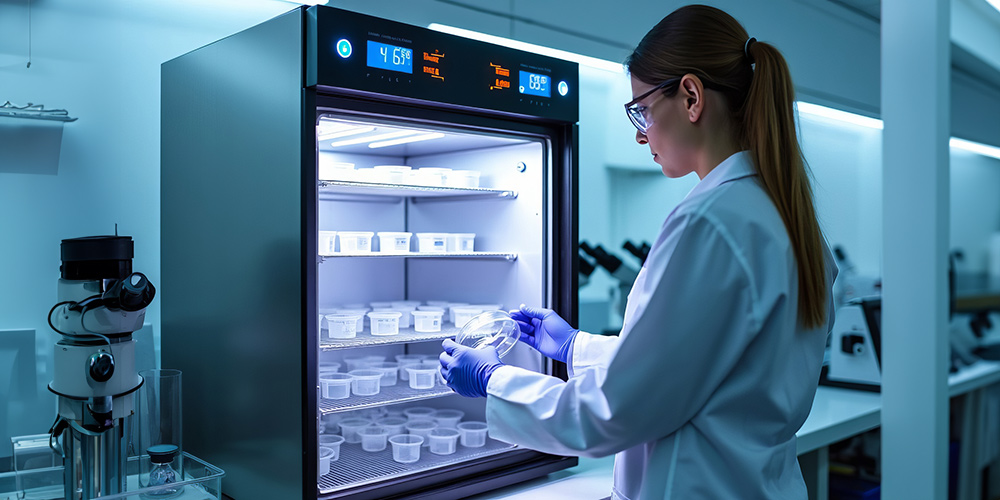 A lab technician looking at samples inside a laboratory incubator.