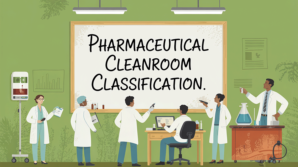 Illustration showing diverse scientists in lab coats discussing pharmaceutical cleanroom classification written on a board.