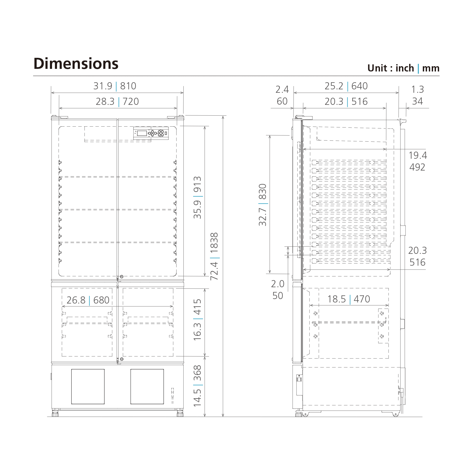 Pharma fridge with freezer MPR-414F-PA Dimensional Drawing